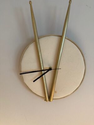 DRUM HEAD CLOCK WITH GOLDEN STICKS